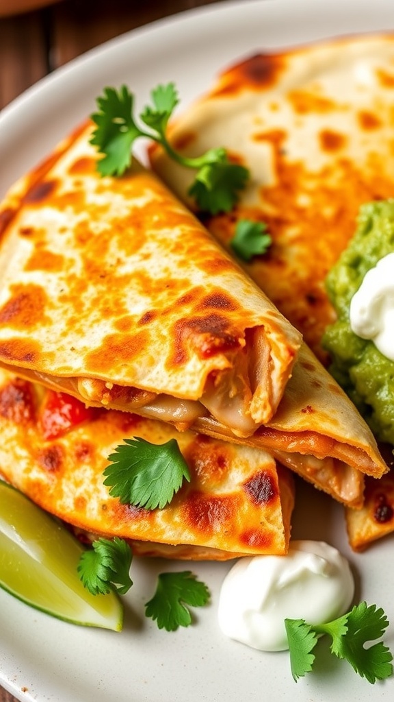 Crispy chipotle chicken quesadilla wedges served with guacamole and sour cream on a plate.